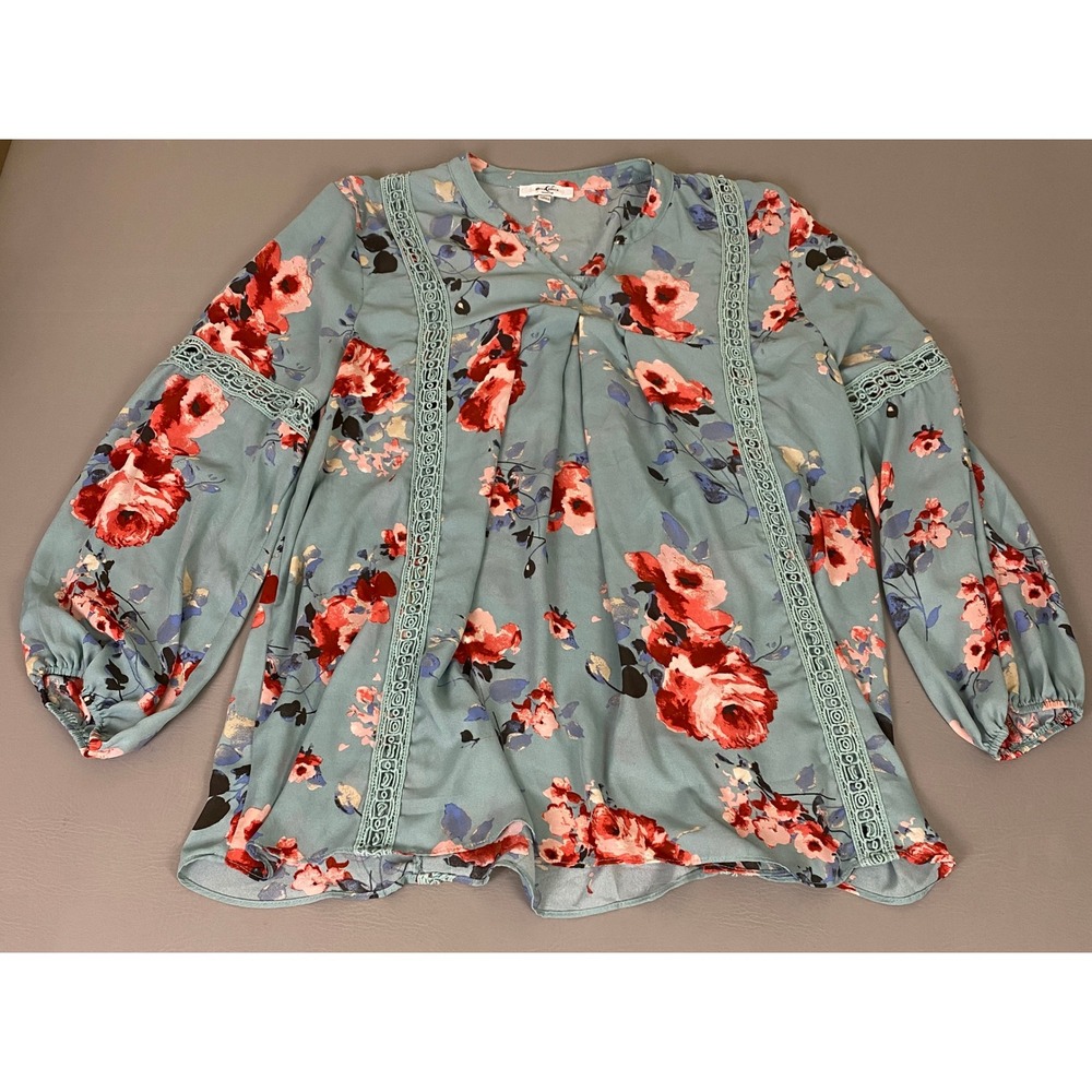 Moa Moa Blouse‎ Top Women's Plus Size 3X Blue Floral Boho Crochet Lace Trim